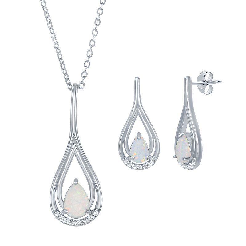 Sterling Silver Lab-Created White Opal Teardrop Necklace & Earring Set, Womens Product Image