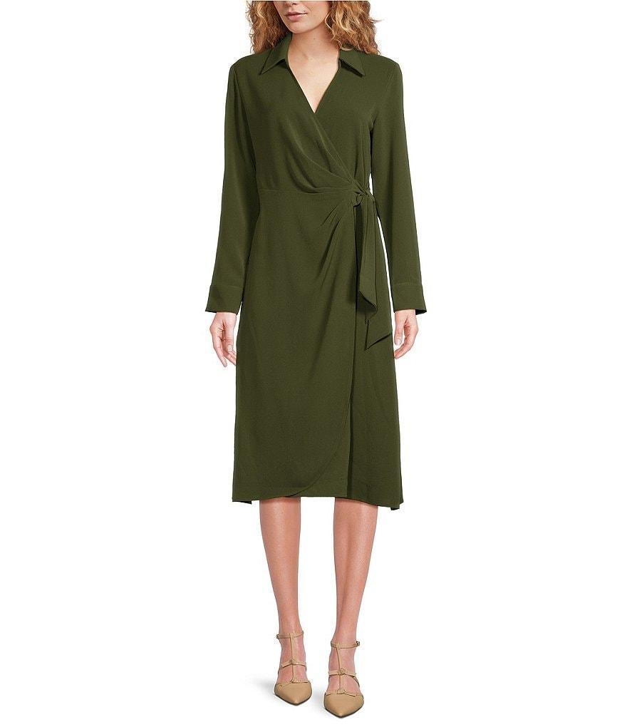 Alex Marie Caitlin Heavy Crepe de Chine Point Collar V-Neck Long Sleeve Front Tie Midi Dress Product Image