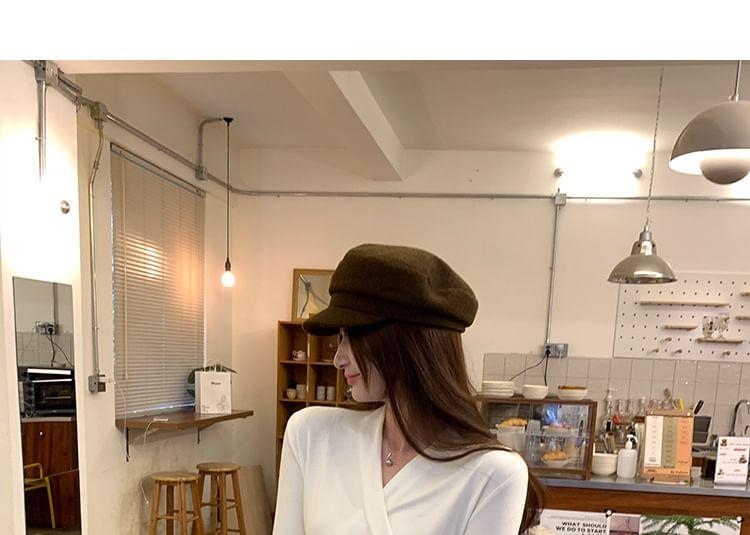 Long Sleeve V-Neck Plain Ruched Wrap T-Shirt Product Image