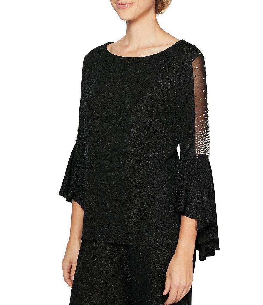 Alex Evenings Metallic Knit Round Neck 3/4 Illusion Pearl Bell Sleeve Top Product Image