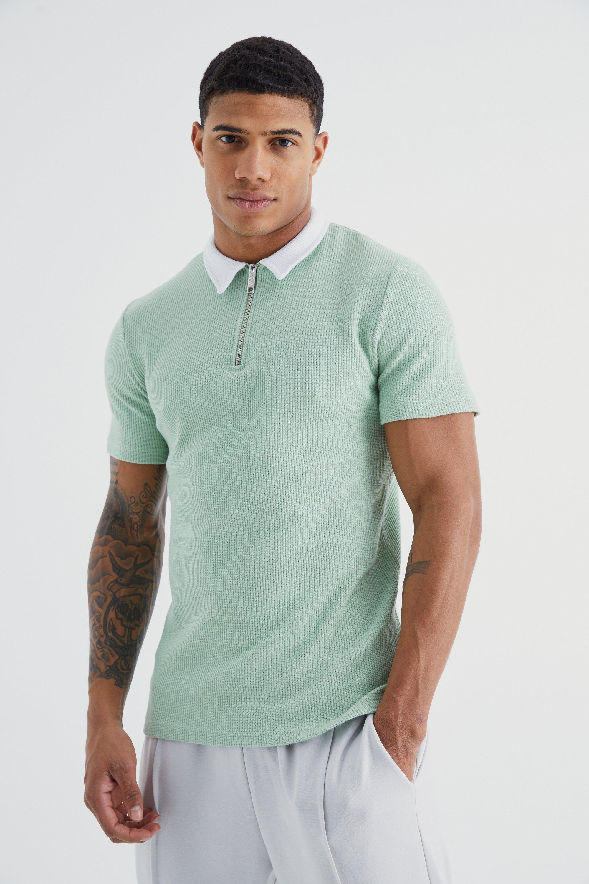 Short Sleeve Muscle Fit Waffle Polo | boohooMAN USA Product Image