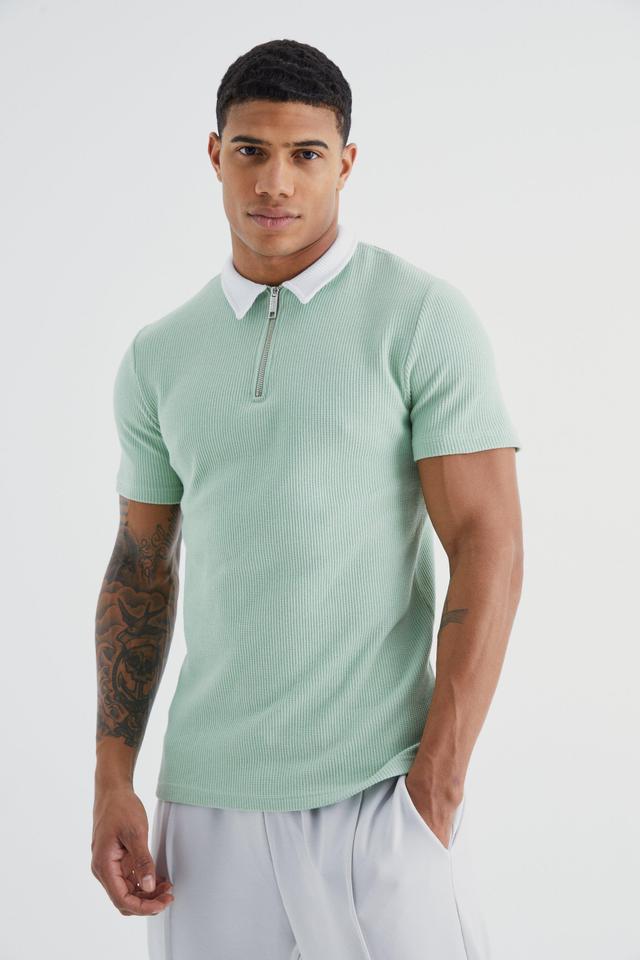 Short Sleeve Muscle Fit Waffle Polo | boohooMAN USA Product Image