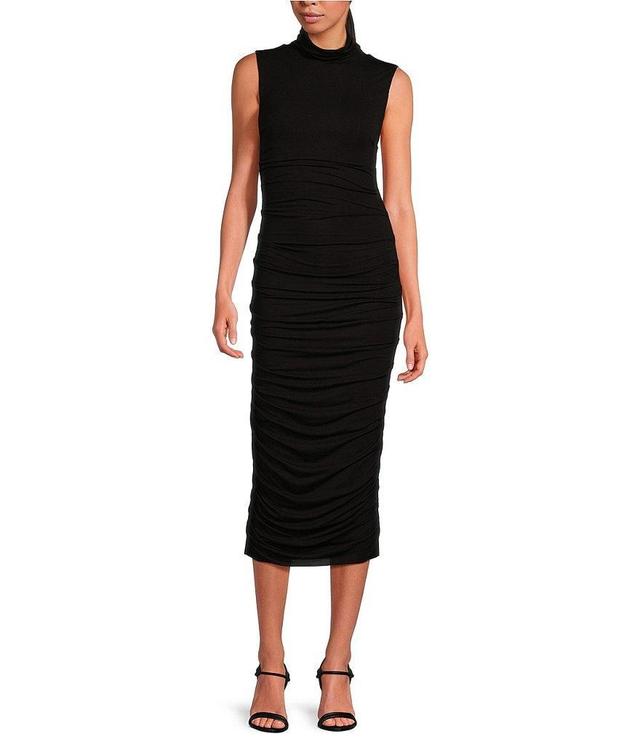 Every Ruched Knit Mock Neck Sleeveless Bodycon Midi Dress Product Image