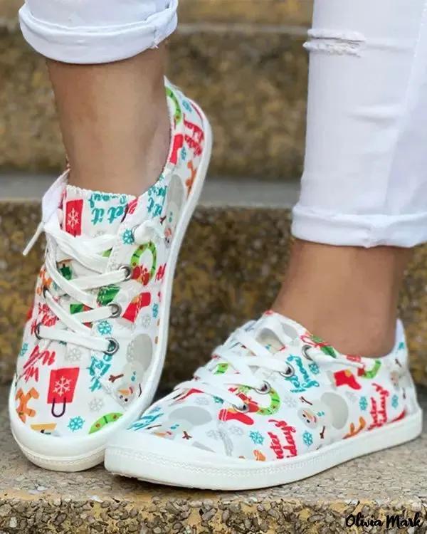 Olivia Mark – Christmas graphic print lace-up canvas slip-on Product Image