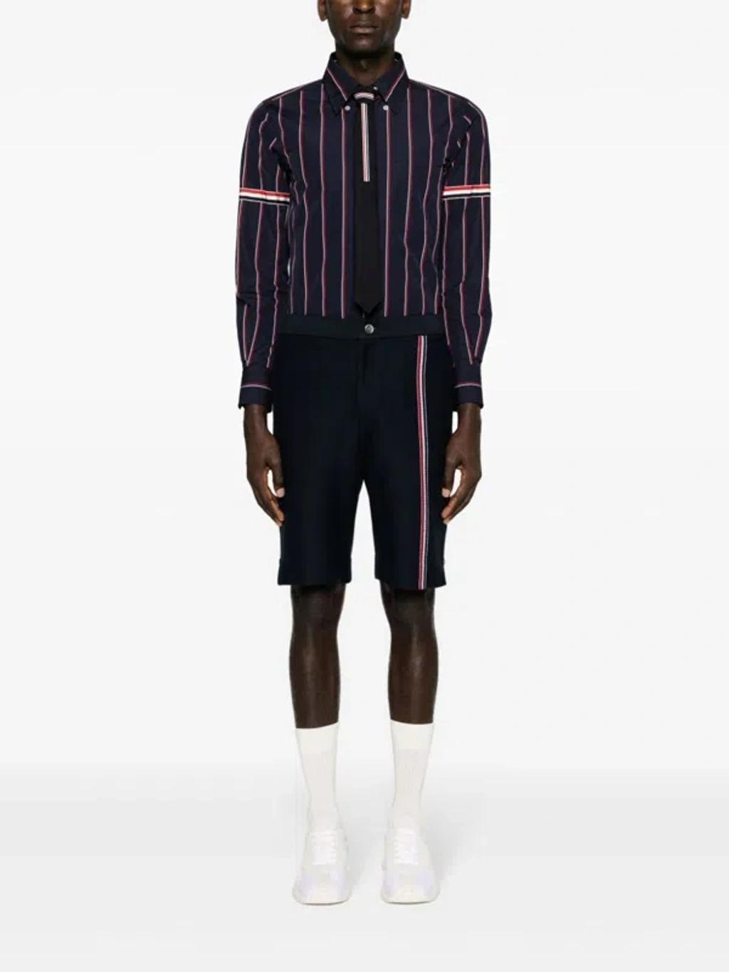 THOM BROWNE Striped Cotton Shirt In Blue Product Image