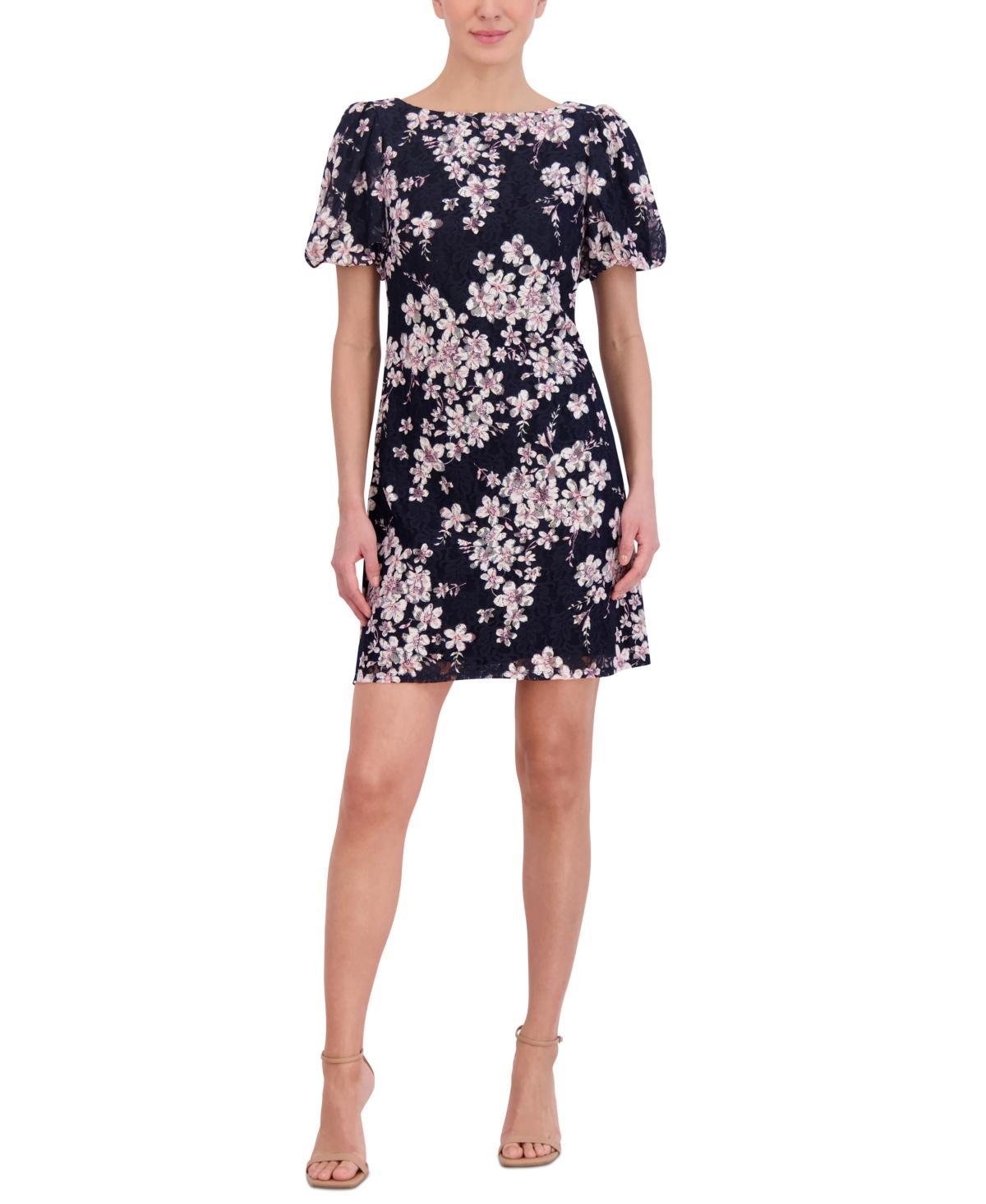 Jessica Howard Womens Printed Puff-Sleeve Lace Sheath Dress Product Image