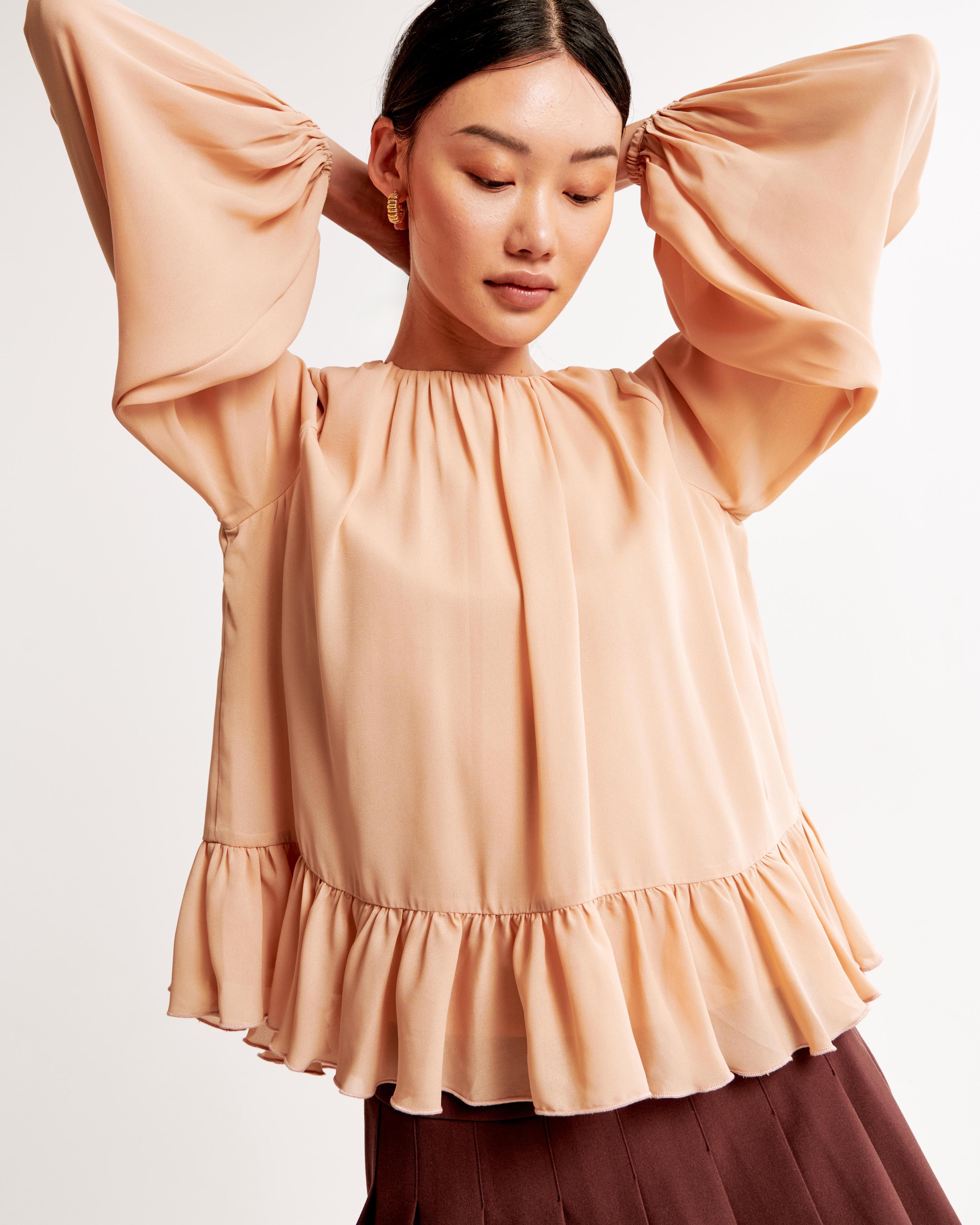 Long-Sleeve Chiffon High-Neck Top Product Image