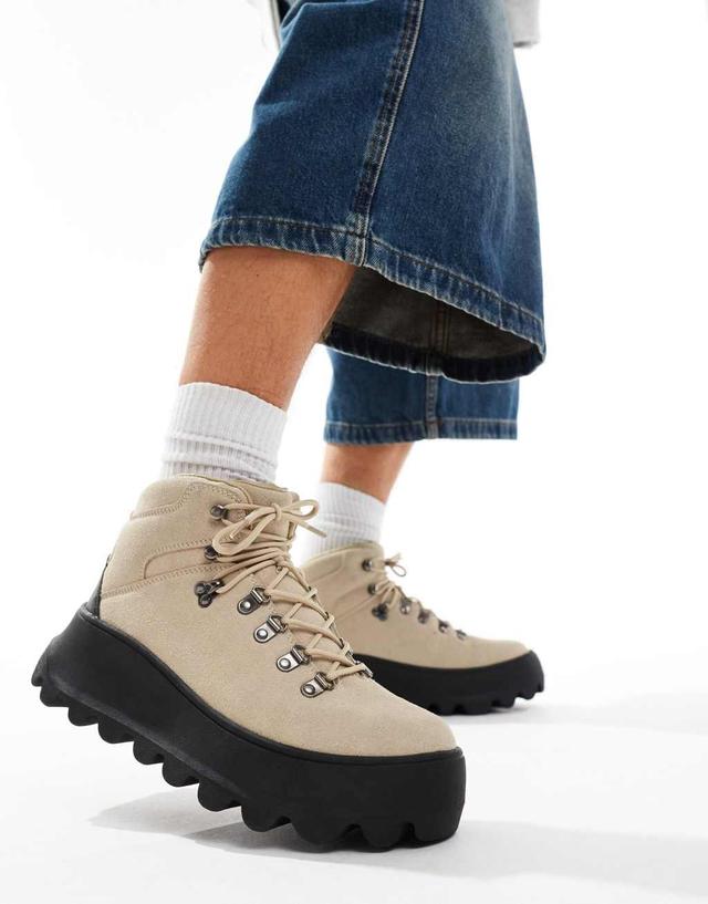 ASOS DESIGN lace up hiking boots in stone with chunky soles Product Image