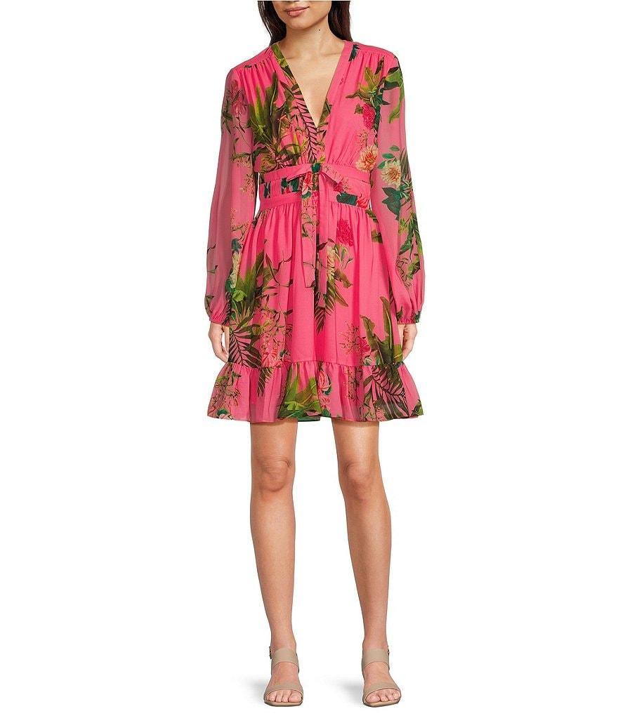 Alex Marie Shannon Tropical Floral Printed Chiffon Long Balloon Sleeve V-Neck Bow Waist Detail Ruffle Hem A-Line Dress product image