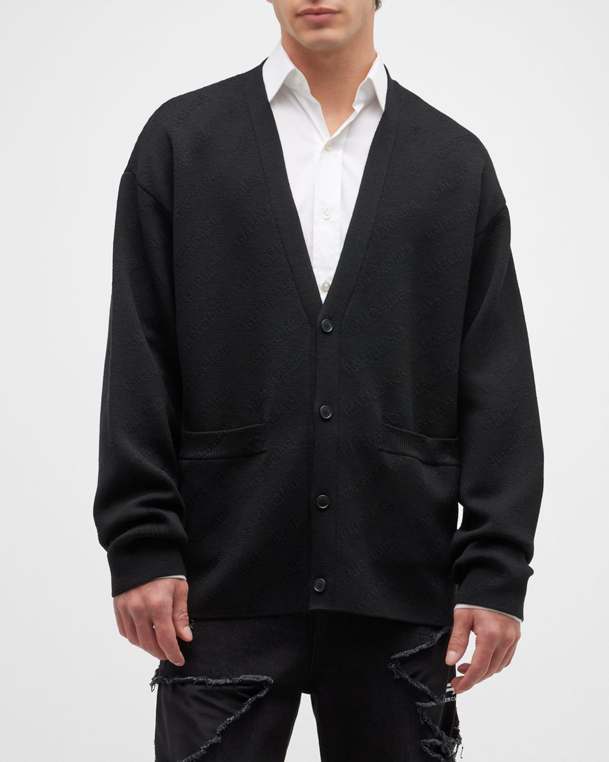 Balenciaga Men's Allover Tonal Logo Cardigan Sweater - Size: 5 - 1000 BLACK/BLACK Product Image