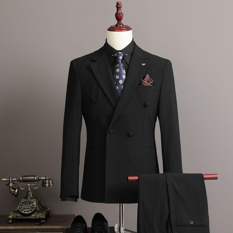 Set: Striped Double Breasted Blazer + Dress Pants + Vest Product Image