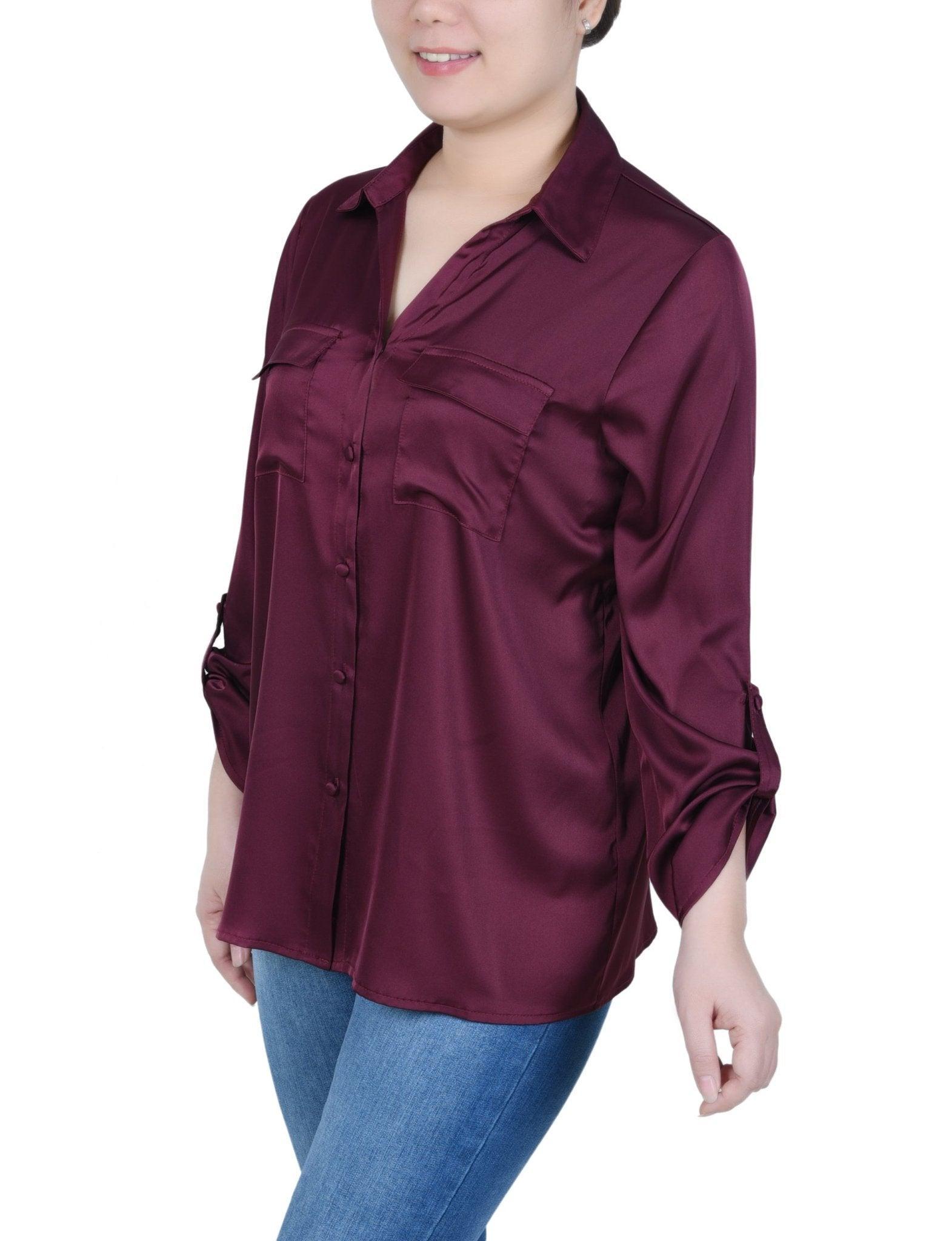 3/4 Length Sleeve Roll Tab Satin Blouse - Petite Product Image