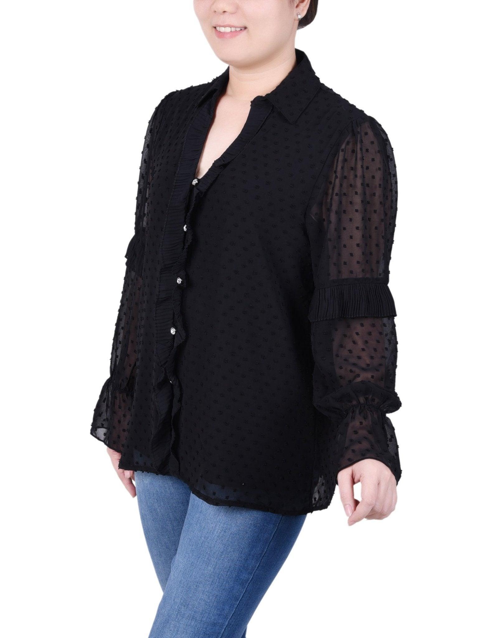 Long Sleeve Dotted Chiffon Blouse - Petite Product Image