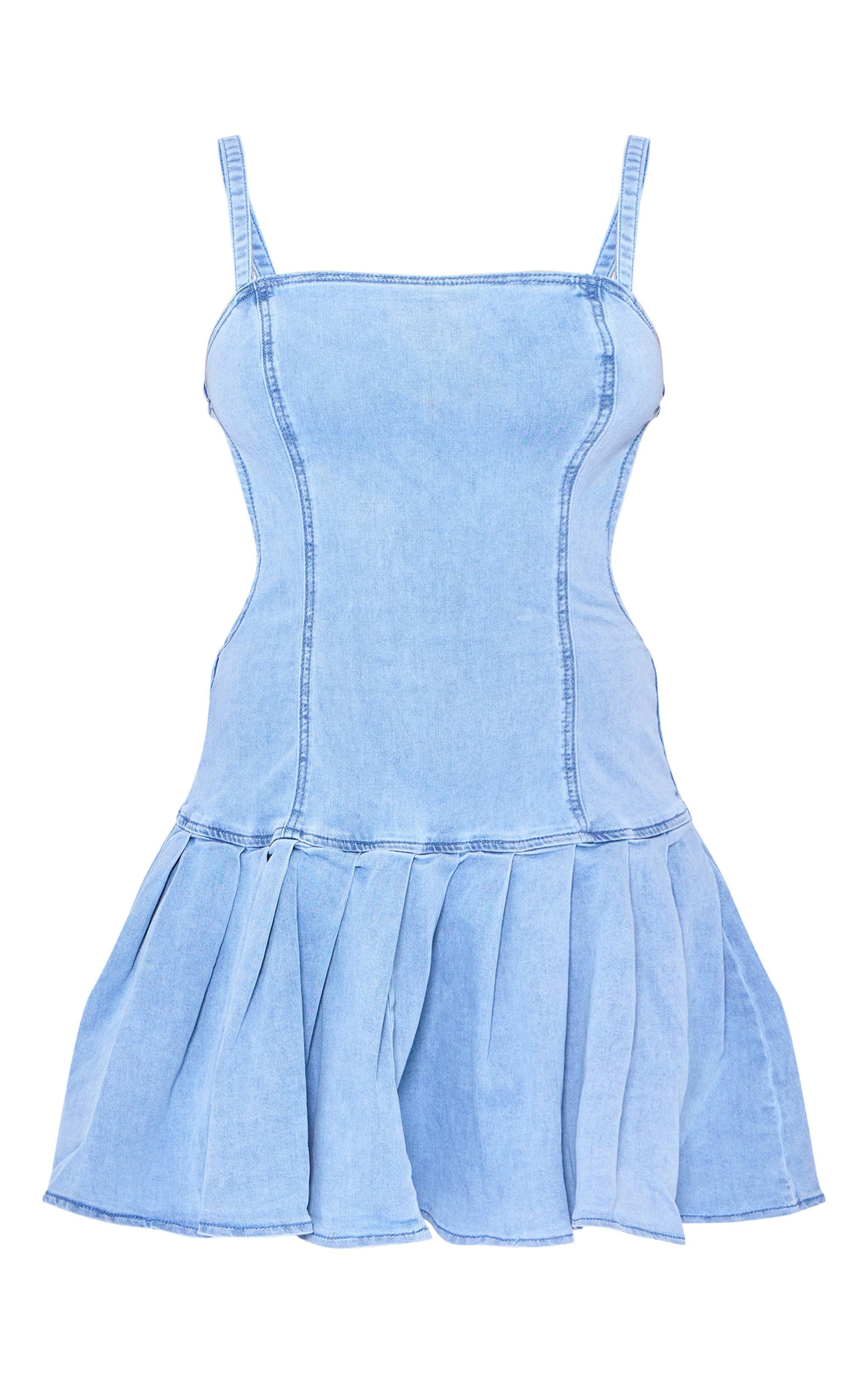 Mid Blue Wash Cut Out Side Pleated Skirt Mini Dress Product Image