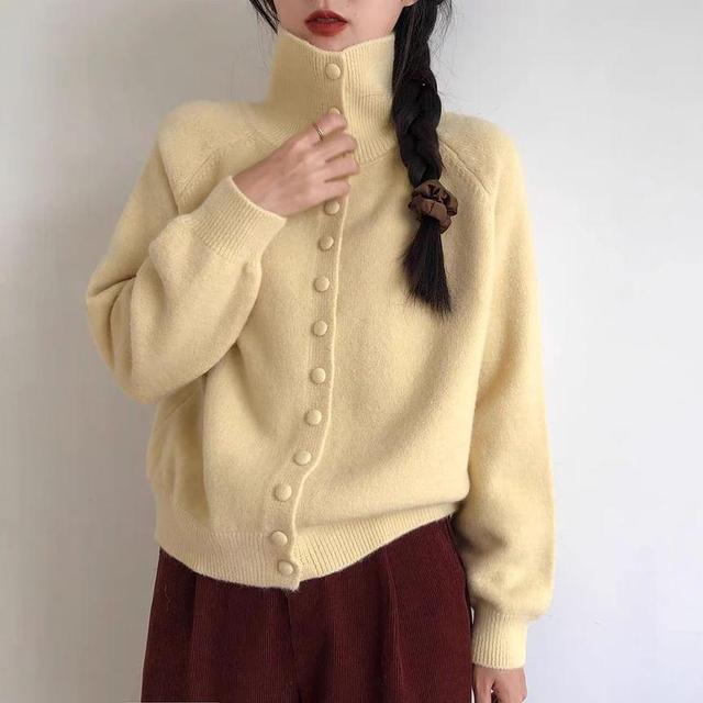 Turtleneck Plain Button-Up Cardigan Product Image