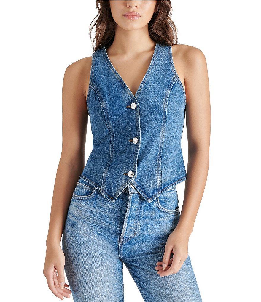 Steve Madden Micky Denim V Neck Sleeveless Button Front Fitted Vest Top product image