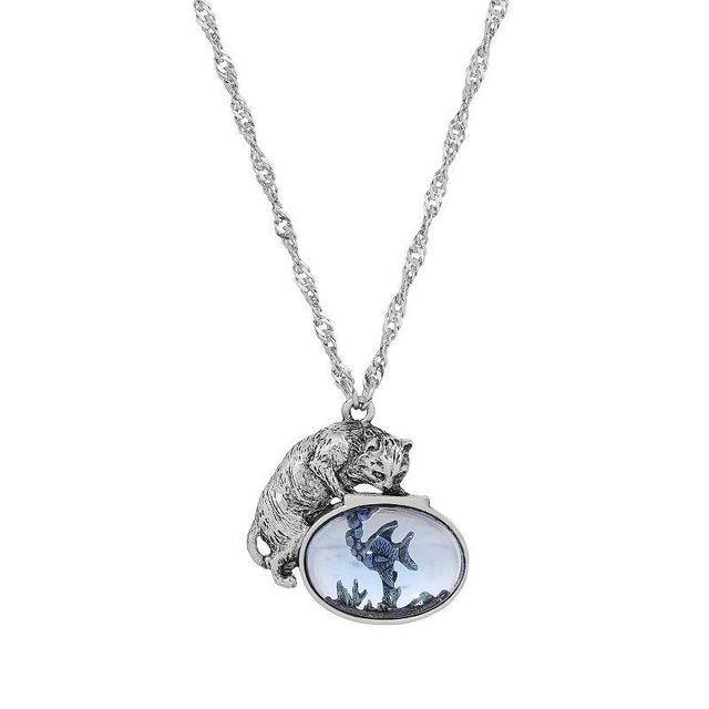 1928 Pewter Cat Blue Glass Stone Fishbowl Pendant Necklace, Womens Product Image