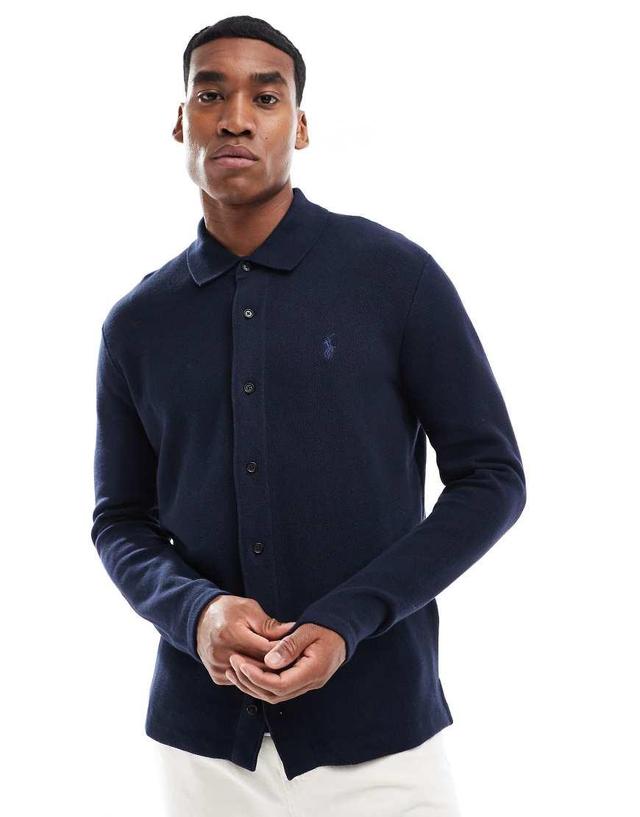 POLO RALPH LAUREN Tonal Icon Logo Long Sleeve Button Up Cotton Knit Polo In Navy Product Image