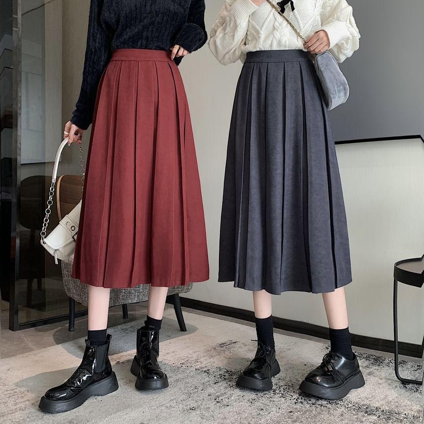 High Rise Plain Pleated Midi A-Line Skirt Product Image