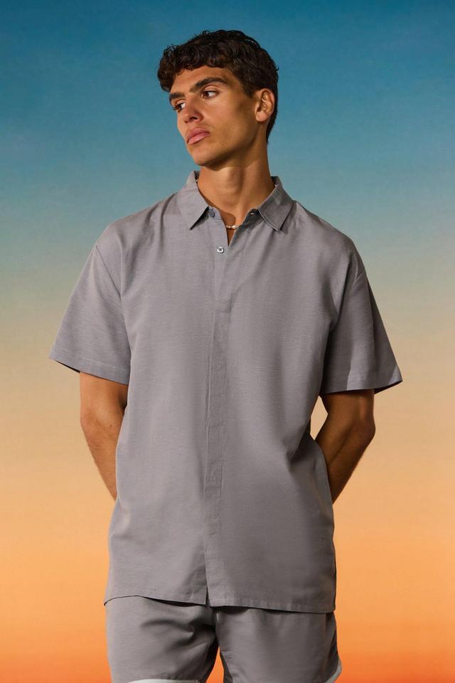 Mens Grey Oversized Linen Concealed Placket Shirt, Grey Product Image