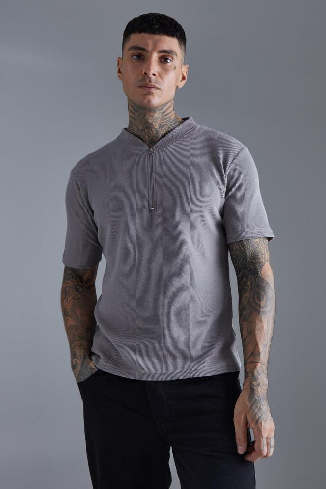 Slim Fit Waffle Bomber Neck Polo | boohooMAN USA Product Image