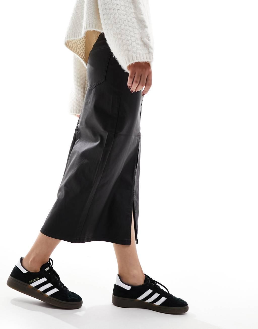 Object coated midi skirt with split front in black Product Image