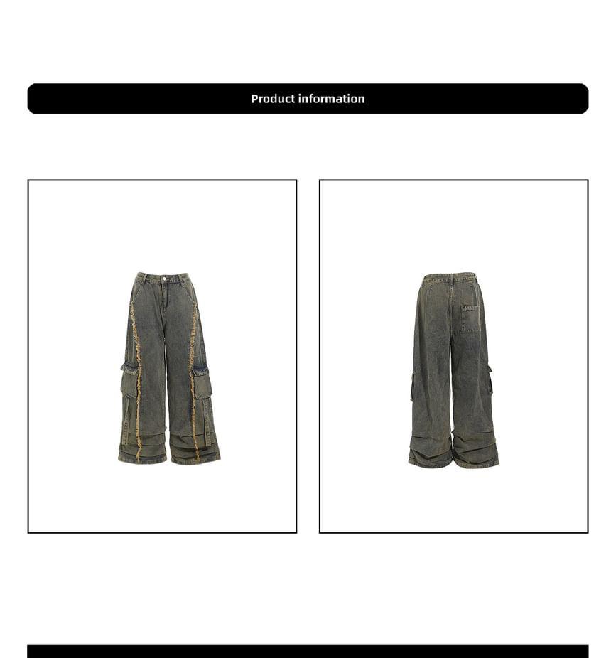 Low Rise Washed Fray Panel Wide Leg Cargo Jeans Product Image