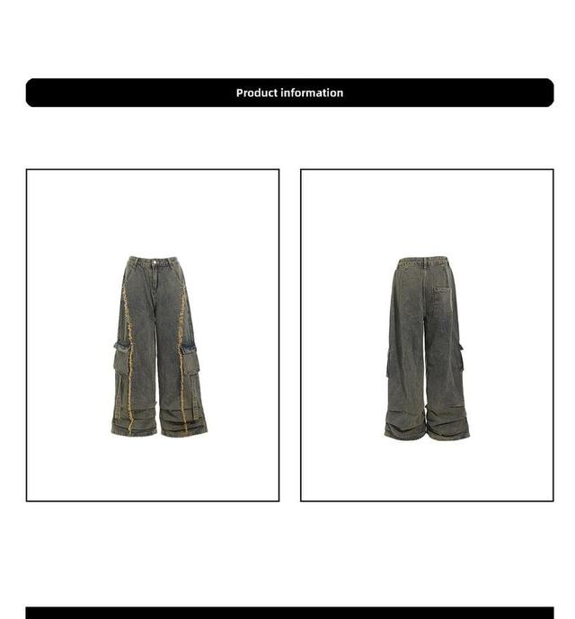 Low Rise Washed Fray Panel Wide Leg Cargo Jeans Product Image