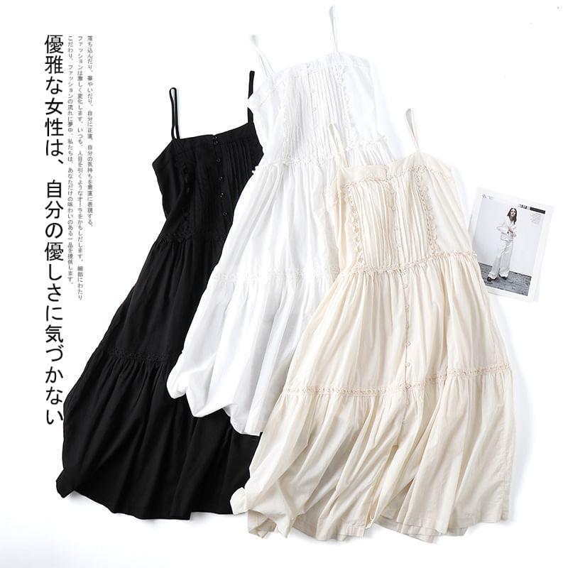 Spaghetti Strap Plain Lace Trim Pintuck Button-Up Open Back Midi A-Line Dress Product Image