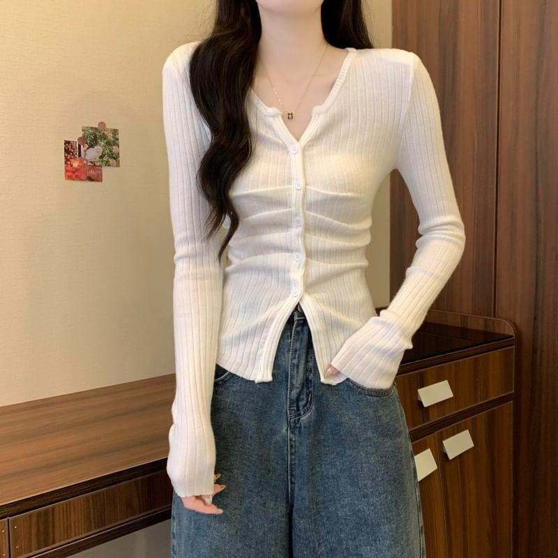 Long-Sleeve Notch Neck Plain Ribbed Button Knit Top Product Image