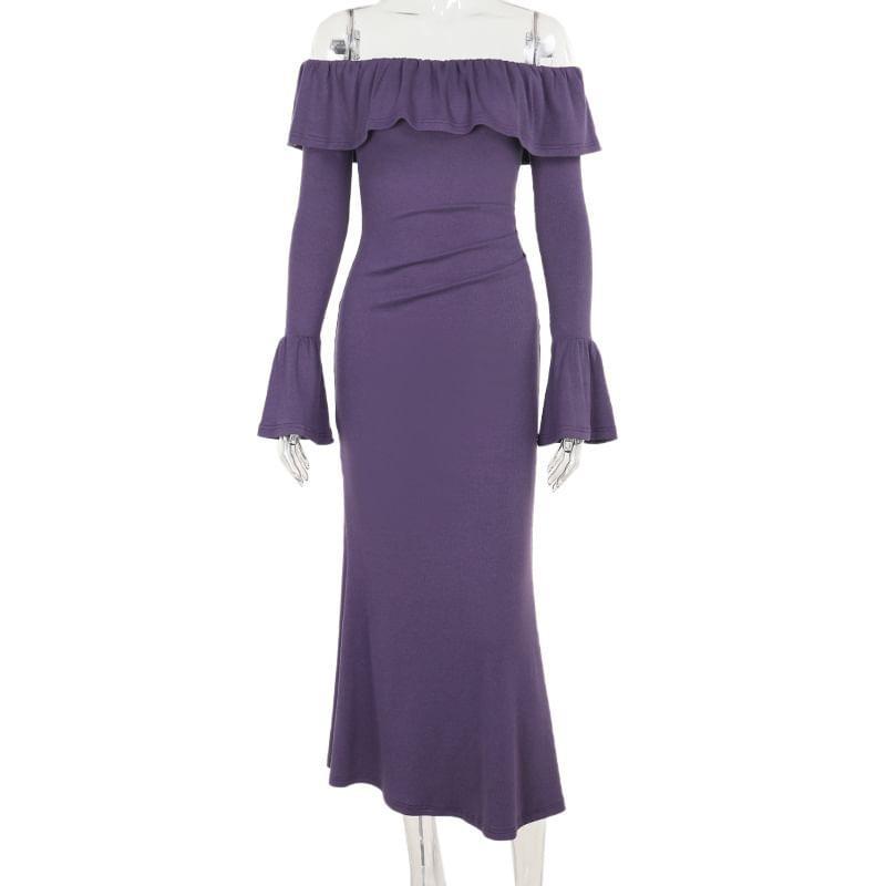 Long-Sleeve Off-Shoulder Plain Ruffle Trim Maxi Sheath Dress Product Image