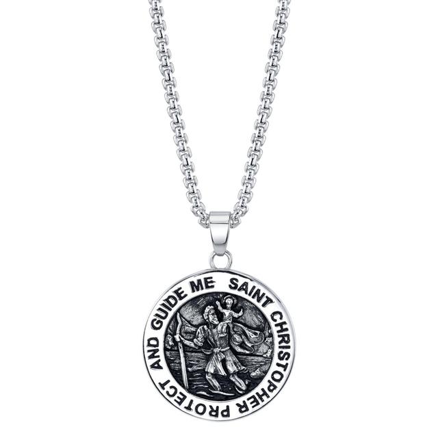 Unbranded Stainless Steel St. Christopher Disc Pendant Necklace, Men's, Size: 24", Silver - Size: 24" Product Image