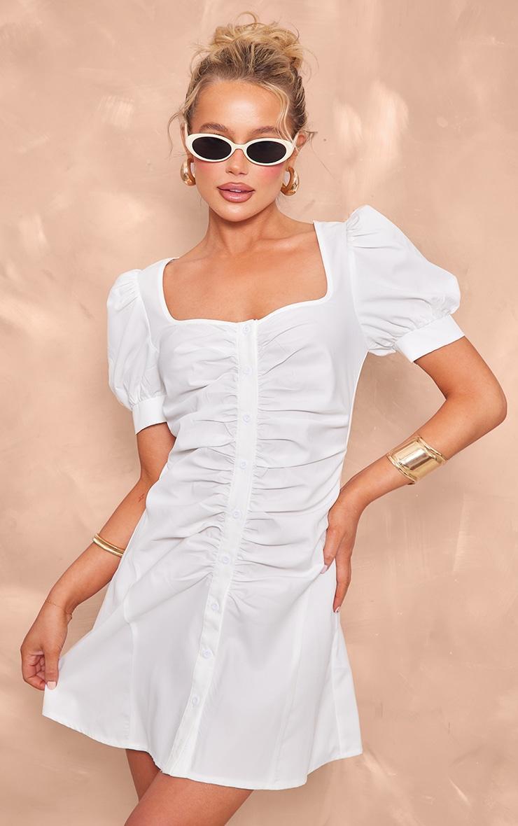 White Cotton Poplin Ruched Button Shift Dress Product Image