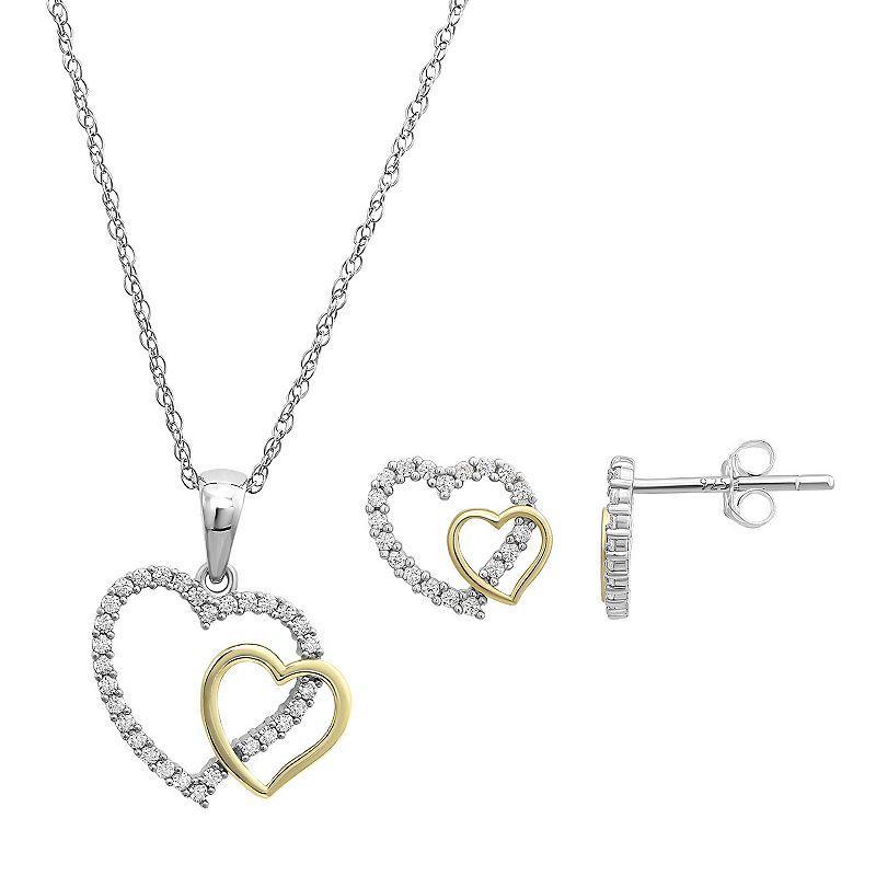 Taylor Grace 10k Gold & Sterling Silver Two-Tone Cubic Zirconia Double Open Heart Pendant Necklace & Stud Earrings Set, Womens Product Image