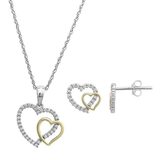 Taylor Grace 10k Gold & Sterling Silver Two-Tone Cubic Zirconia Double Open Heart Pendant Necklace & Stud Earrings Set, Womens Multicolor Product Image