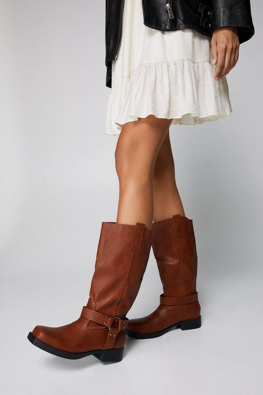 Faux Leather Buckle Detail Square Toe Knee High Boots product image