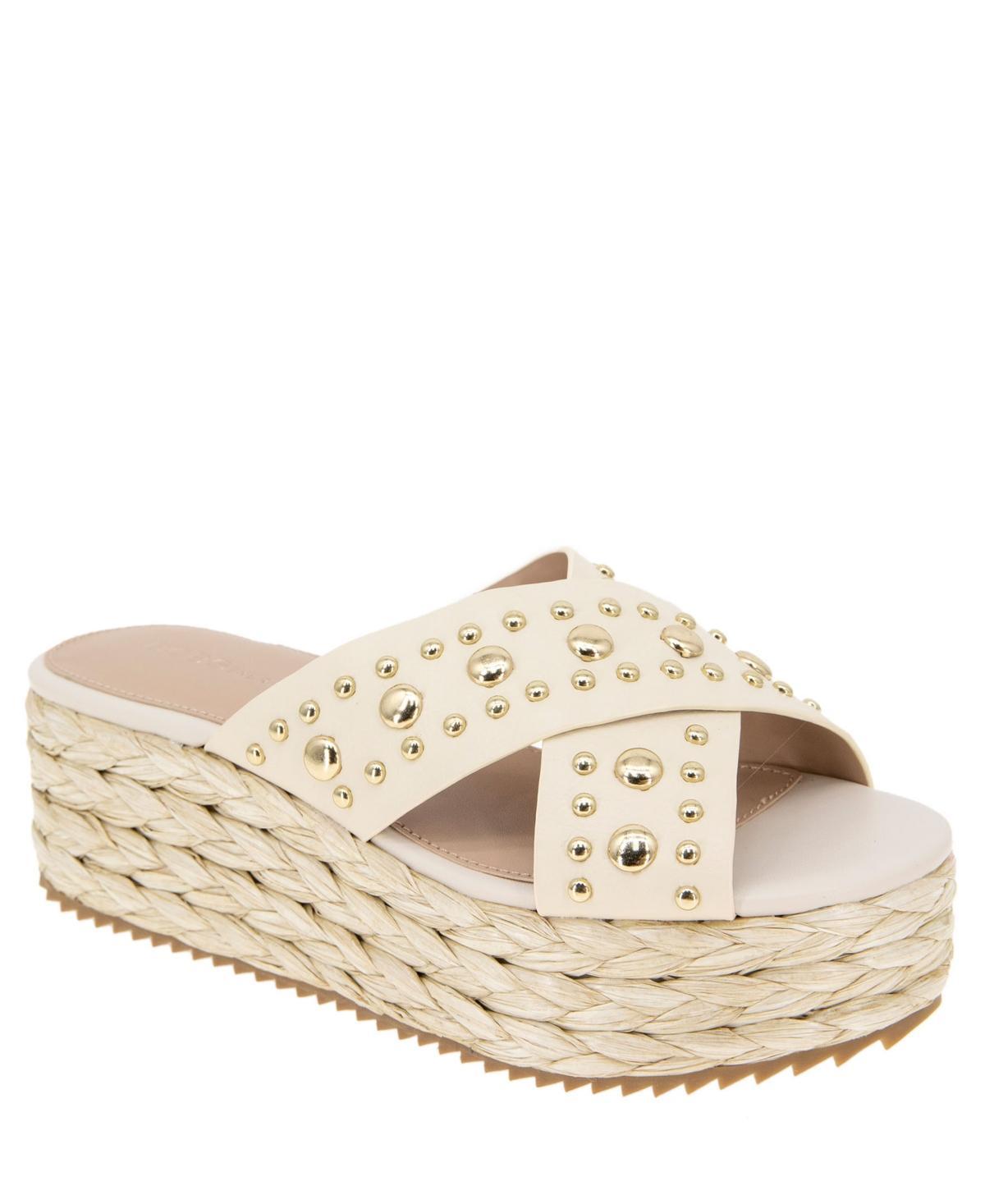 BCBGeneration Womens Gladda Studded Flatform Raffia Slip-On Crossband Wedge Sandals Product Image