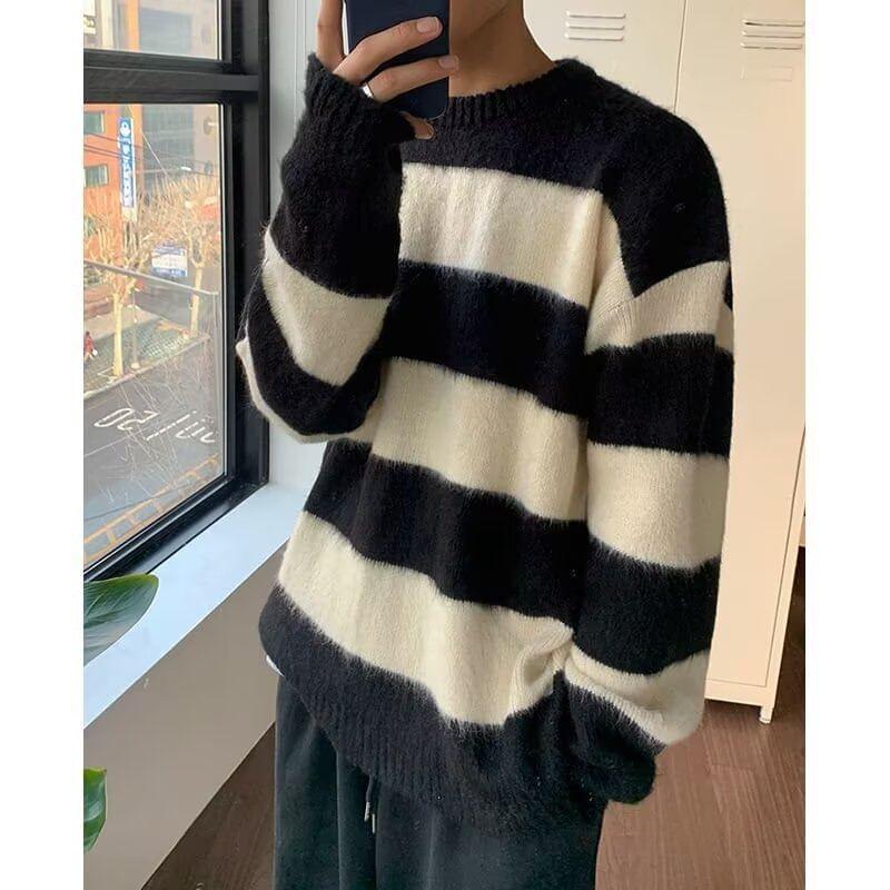 Crew Neck Drop Shoulder Striped Oversized Sweater product image