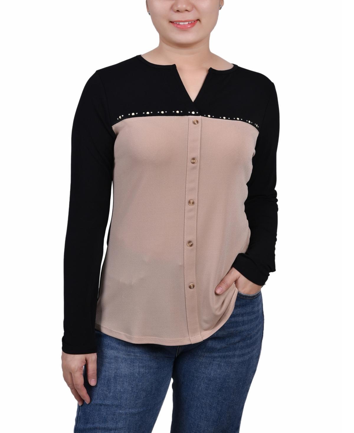 Ny Collection Petite Long Sleeve Studded Colorblocked Split Neck Top Product Image