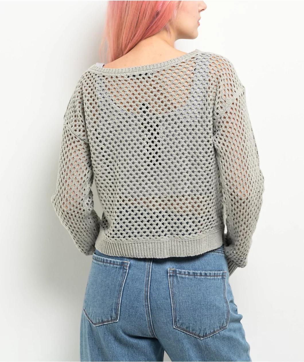 Spicychix Grey Open Knit Long Sleeve Crop Sweater Product Image