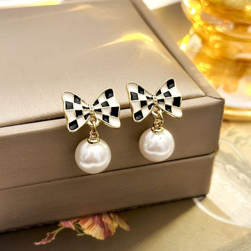 Plaid Bowknot Ball Drop Earring Product Image