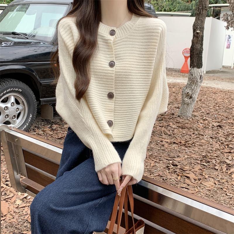 Crew Neck Plain Button-Up Crop Cardigan Product Image