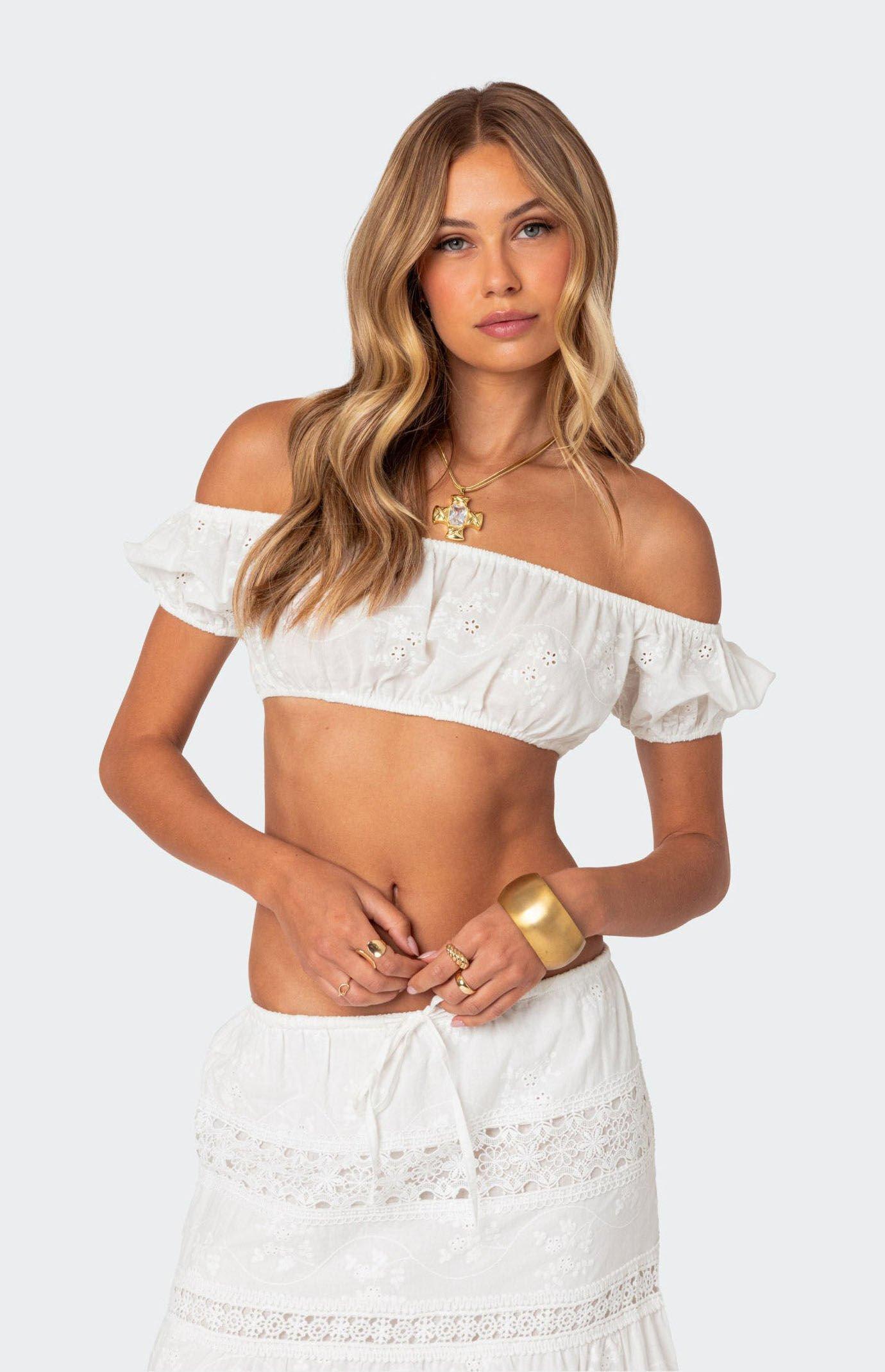 Edikted Women's Skye Off Shoulder Eyelet Crop Top Product Image