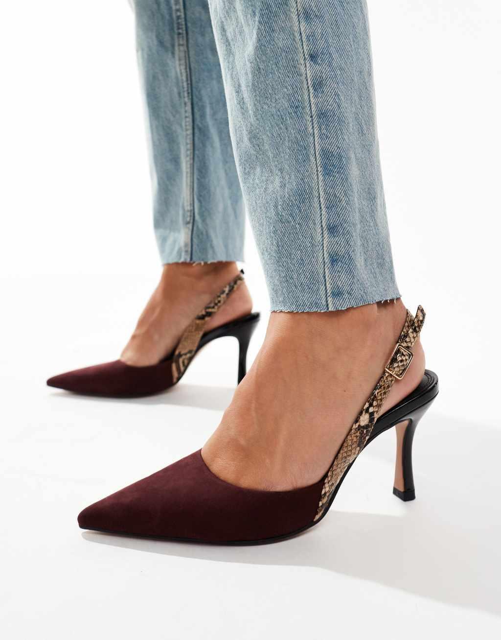 ASOS DESIGN Samber slingback stiletto heels in burgundy and snake mix Product Image