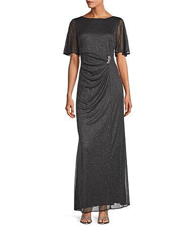 Ignite Evenings Glitter Mesh Ruched Embellished Waist Crew Neck Short Flutter Sleeve Sheath Gown Product Image