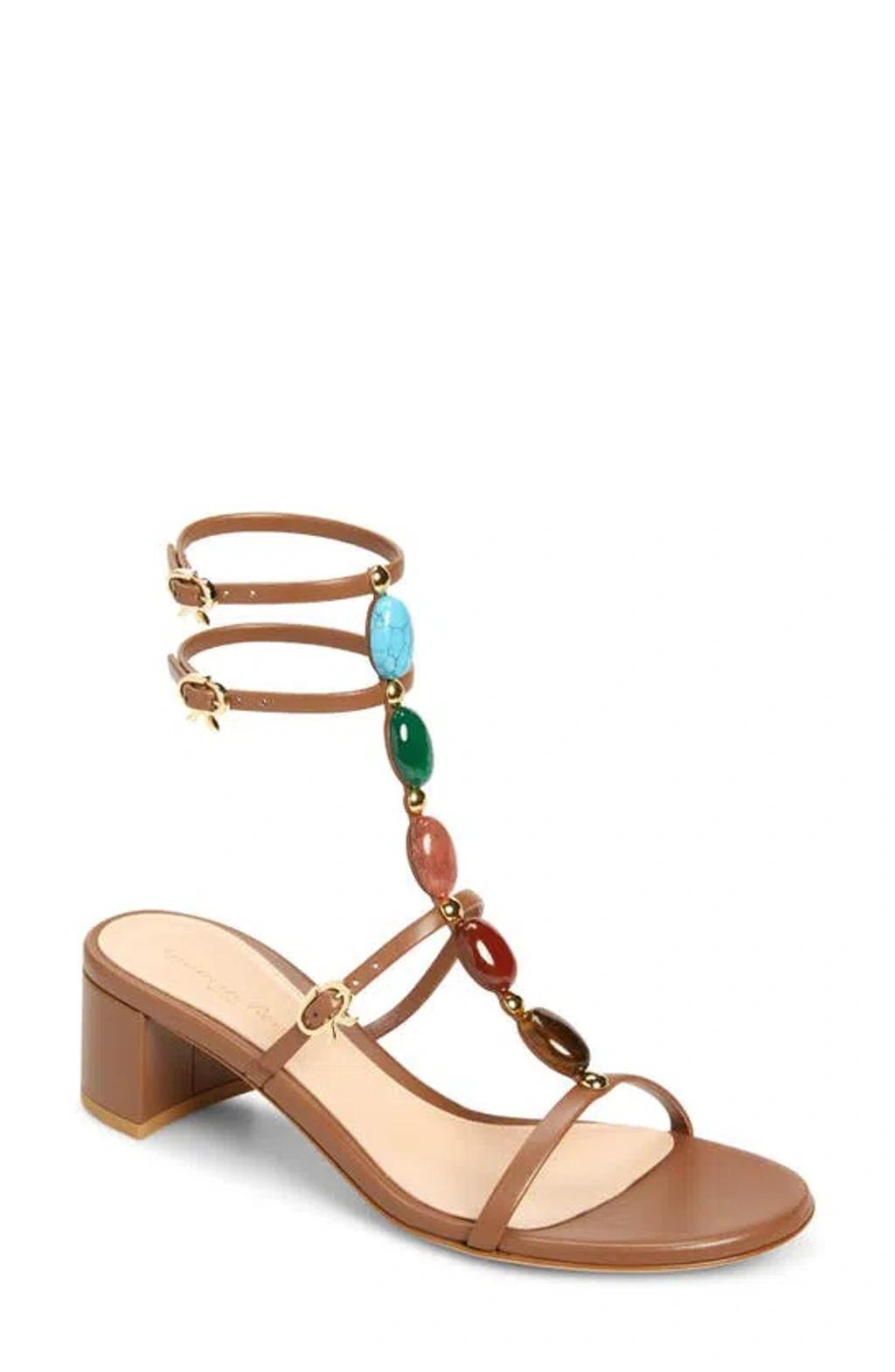 Stone Embellished Double Ankle Strap Sandal In Brown Leather product image