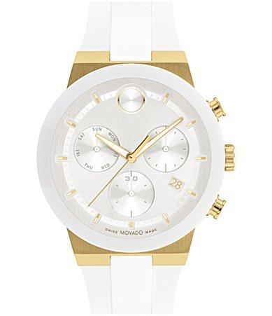 Men's Movado BoldÂ® Fusion Two-Tone IP Ceramic Chronograph White Silicone Strap Watch with White Dial (Model: 3600893) Product Image