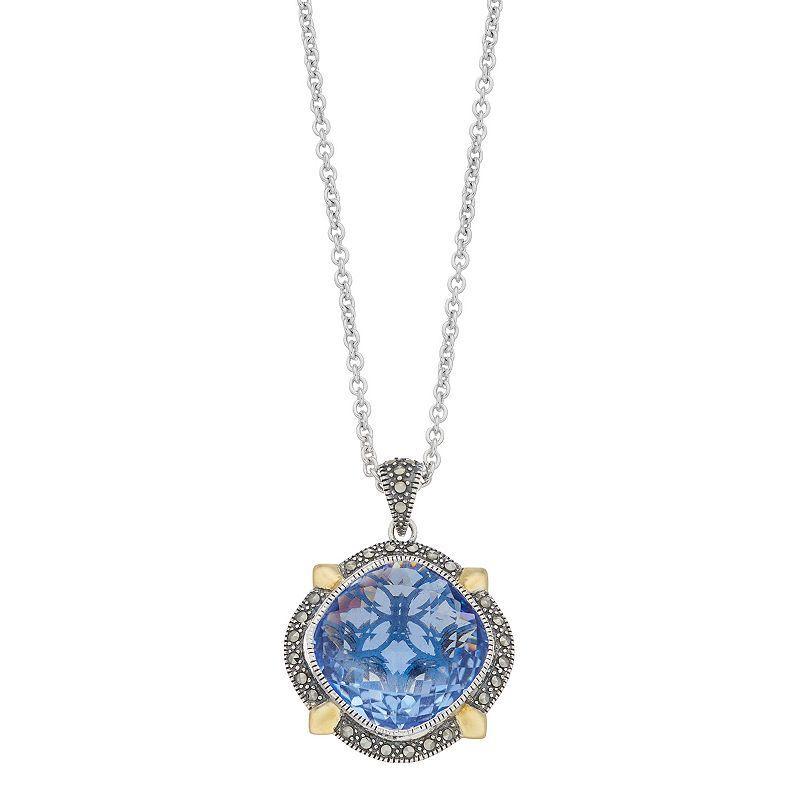 Lavish by TJM Sterling Silver Blue Lab-Created Quartz & Marcasite Pendant Necklace, Womens Two Tone Product Image