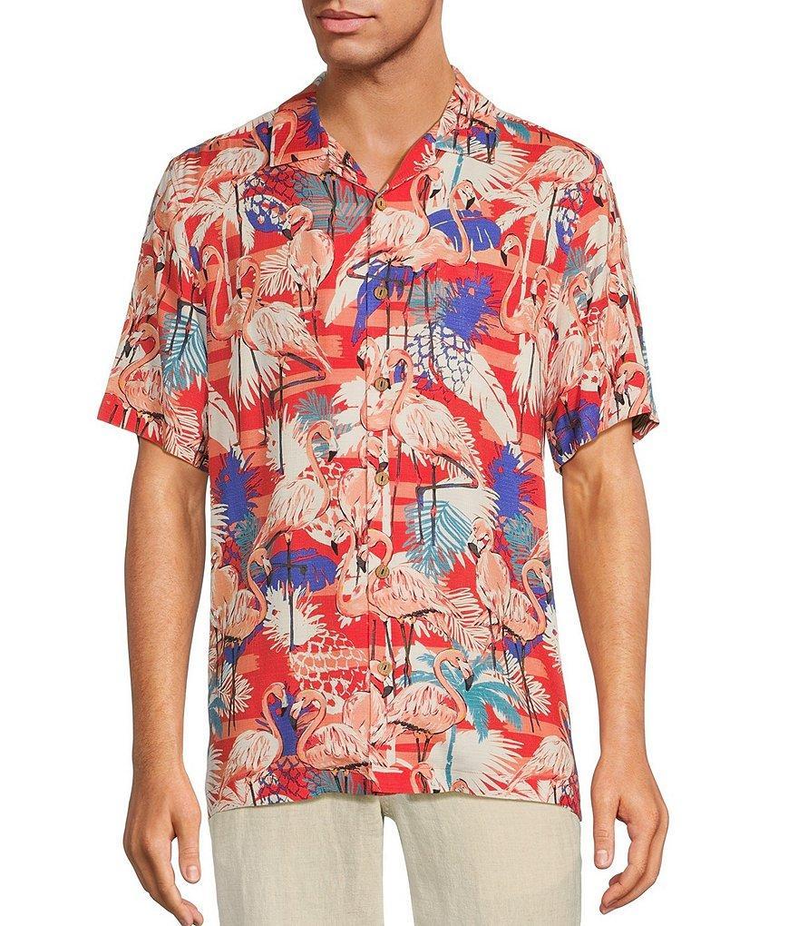 Caribbean Printed Rayon Tropical Flamingo Short Sleeve Woven Camp Shirt Product Image