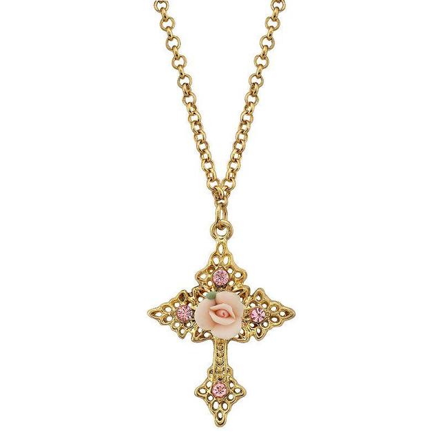 1928 Porcelain Rose Cross Pendant Necklace, Womens Pink Product Image